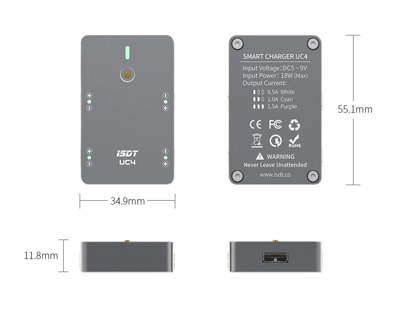 ISDT UC4 18W 4X1.5A 1S Mini Smart Battery Charger JST-PH 2.0 Output - Image 2